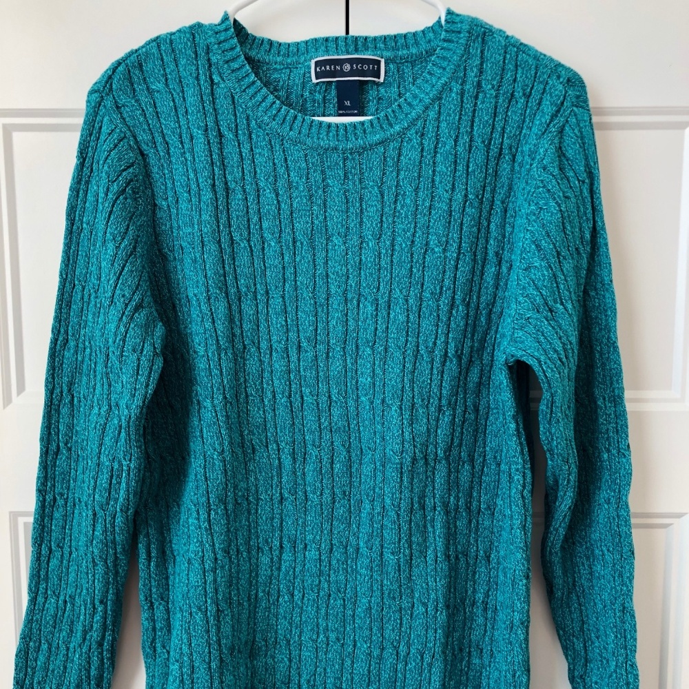 Karen Scott cable knit teal sweater